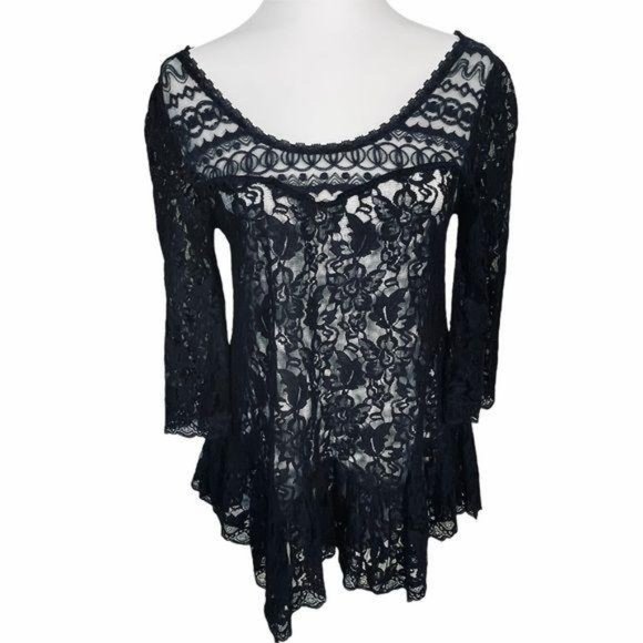 Free People Black Lace Short Sleeve Blouse Small - Picture 3 of 8